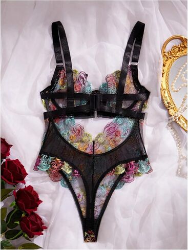 MakeMeChic Women's Floral Embroidery Mesh Sheer Cut Out Backless Lingerie Bodysuit Teddies in Kuwait