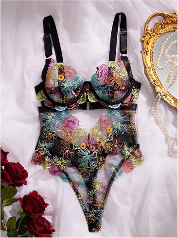 MakeMeChic Women's Floral Embroidery Mesh Sheer Cut Out Backless Lingerie Bodysuit Teddies in Kuwait