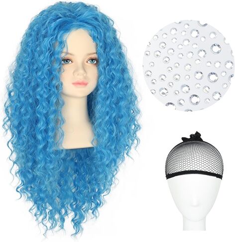 Yan Dream Girls Kids Long Curly Blue Wig with Eye Sticker Synthetic Cosplay Costume Wig in Saudi Arabia