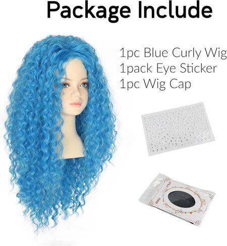 Yan Dream Girls Kids Long Curly Blue Wig with Eye Sticker Synthetic Cosplay Costume Wig in Saudi Arabia