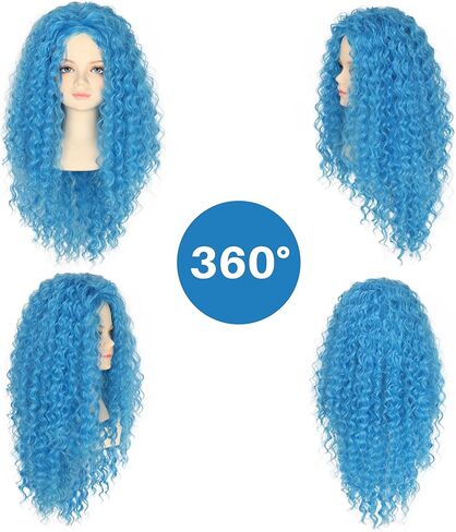 Yan Dream Girls Kids Long Curly Blue Wig with Eye Sticker Synthetic Cosplay Costume Wig in Saudi Arabia