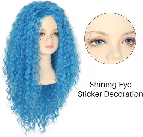 Yan Dream Girls Kids Long Curly Blue Wig with Eye Sticker Synthetic Cosplay Costume Wig in Saudi Arabia