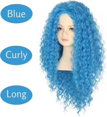 Yan Dream Girls Kids Long Curly Blue Wig with Eye Sticker Synthetic Cosplay Costume Wig in Saudi Arabia