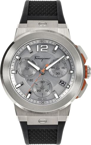 ساعة Ferragamo F-80 Collection الفاخرة للرجال مع حزام أسود يتميز بهيكل فضي ومينا رمادي، تيتانيوم in Kuwait