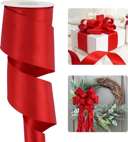 HUIHUANG Red Wired Satin Ribbon 2.5 inch Red Wire Edge Ribbon for Wreaths, Bows Making, Gift Wrapping, Holiday Home Decor, Crafts, Christmas Tree Bows-Continous 10 Yards in Saudi Arabia
