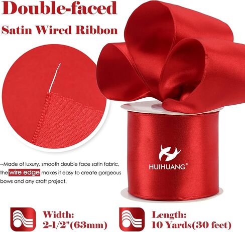 HUIHUANG Red Wired Satin Ribbon 2.5 inch Red Wire Edge Ribbon for Wreaths, Bows Making, Gift Wrapping, Holiday Home Decor, Crafts, Christmas Tree Bows-Continous 10 Yards in Saudi Arabia