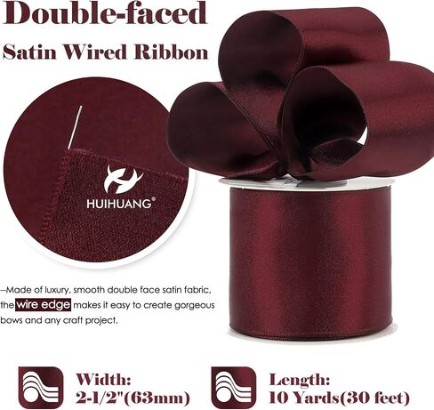 HUIHUANG Red Wired Satin Ribbon 2.5 inch Red Wire Edge Ribbon for Wreaths, Bows Making, Gift Wrapping, Holiday Home Decor, Crafts, Christmas Tree Bows-Continous 10 Yards in Saudi Arabia