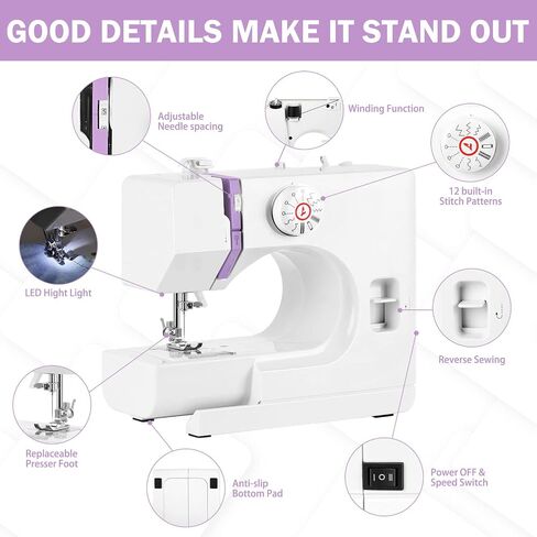 Sewing Machine - Mini Sewing Machine for Beginners and Kids with 12 Built-in Stitches, Portable Sewing Machine with Adjustable 2 Speed and Foot Pedal Control, Perfect for Arts,Crafts & Sewing Projects in Saudi Arabia