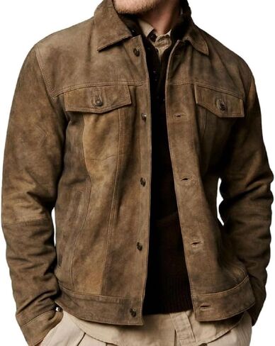 Premium Vintage Trucker Suede Leather Jacket Men Genuine Lambskin Men Leather Jackets Shirt Collar Jackets For Mens in Saudi Arabia