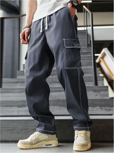 OYOANGLE Men's Drawstring Waist Straight Leg Casual Pants Flap Pocket Cargo Pants Streetwear in Saudi Arabia