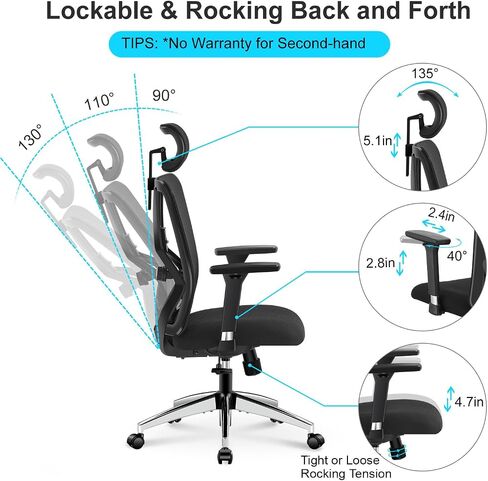 Ticova Ergonomic Office Chair - High Back Desk Chair with Adjustable Lumbar Support, Headrest & 3D Metal Armrest - 130° Rocking Mesh Computer Chair in Kuwait