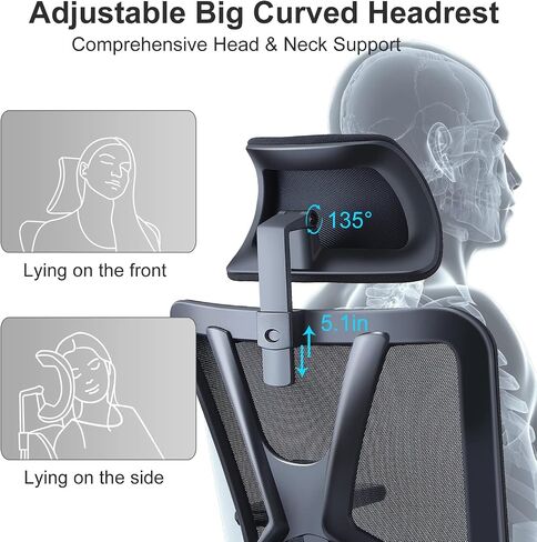 Ticova Ergonomic Office Chair - High Back Desk Chair with Adjustable Lumbar Support, Headrest & 3D Metal Armrest - 130° Rocking Mesh Computer Chair in Kuwait