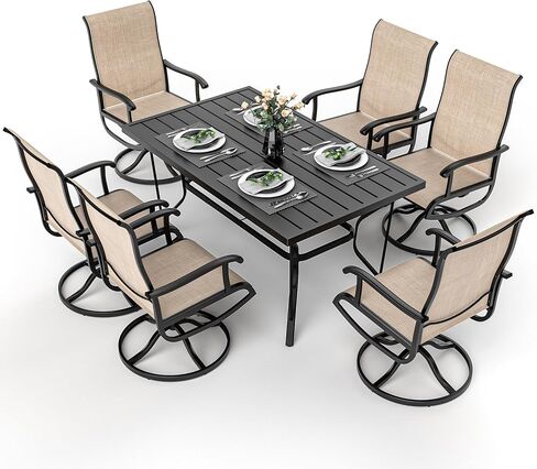 Pamapic 7 Pieces Patio Dining Set, Patio Table and Chair Set for Garden Backyard Poolside Deck,Outdoor Dining Sets with 6 Textilene Swivel Chairs,Beige in Saudi Arabia
