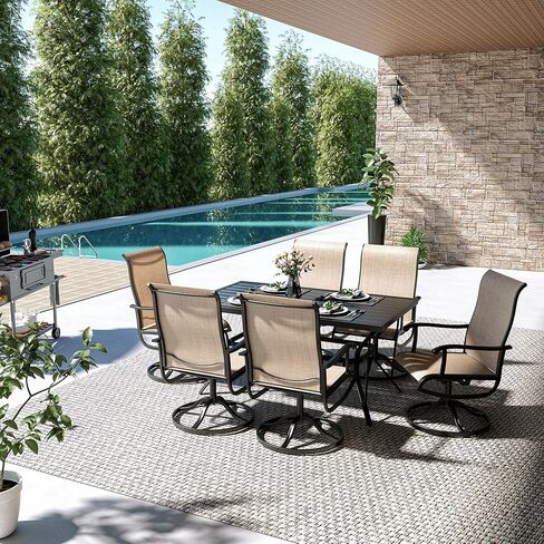 Pamapic 7 Pieces Patio Dining Set, Patio Table and Chair Set for Garden Backyard Poolside Deck,Outdoor Dining Sets with 6 Textilene Swivel Chairs,Beige in Saudi Arabia