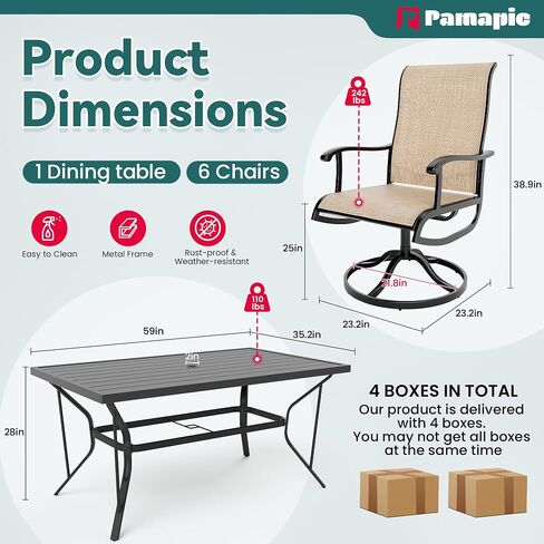 Pamapic 7 Pieces Patio Dining Set, Patio Table and Chair Set for Garden Backyard Poolside Deck,Outdoor Dining Sets with 6 Textilene Swivel Chairs,Beige in Saudi Arabia