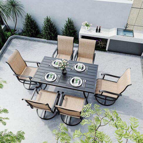 Pamapic 7 Pieces Patio Dining Set, Patio Table and Chair Set for Garden Backyard Poolside Deck,Outdoor Dining Sets with 6 Textilene Swivel Chairs,Beige in Saudi Arabia