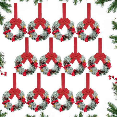 12 Pcs Cabinet Wreaths for Kitchen Mini Christmas Wreaths with Ribbon Small Christmas Farmhouse Wreaths Artificial Pine Cone Hanging Wreath for Front Door Window (Red) in Kuwait