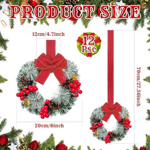 12 Pcs Cabinet Wreaths for Kitchen Mini Christmas Wreaths with Ribbon Small Christmas Farmhouse Wreaths Artificial Pine Cone Hanging Wreath for Front Door Window (Red) in Kuwait