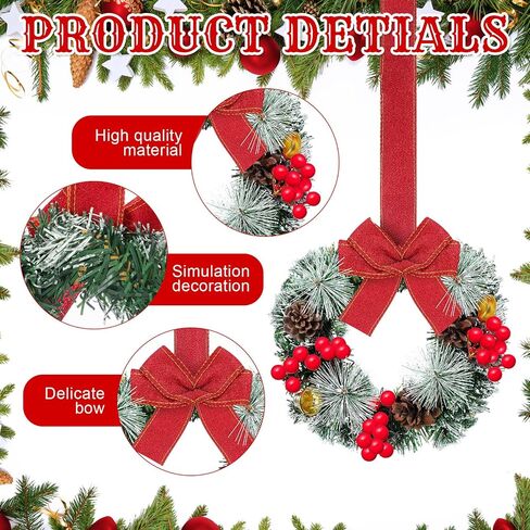 12 Pcs Cabinet Wreaths for Kitchen Mini Christmas Wreaths with Ribbon Small Christmas Farmhouse Wreaths Artificial Pine Cone Hanging Wreath for Front Door Window (Red) in Kuwait