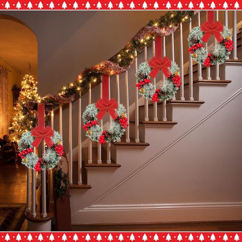 12 Pcs Cabinet Wreaths for Kitchen Mini Christmas Wreaths with Ribbon Small Christmas Farmhouse Wreaths Artificial Pine Cone Hanging Wreath for Front Door Window (Red) in Kuwait