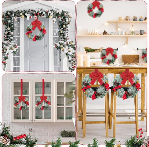 12 Pcs Cabinet Wreaths for Kitchen Mini Christmas Wreaths with Ribbon Small Christmas Farmhouse Wreaths Artificial Pine Cone Hanging Wreath for Front Door Window (Red) in Kuwait