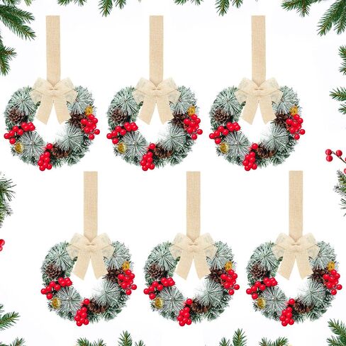 12 Pcs Cabinet Wreaths for Kitchen Mini Christmas Wreaths with Ribbon Small Christmas Farmhouse Wreaths Artificial Pine Cone Hanging Wreath for Front Door Window (Red) in Kuwait