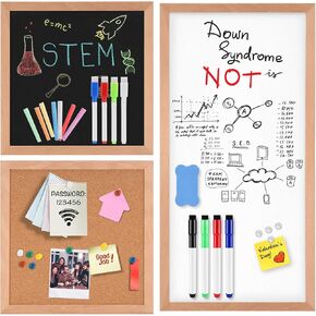 Dry Erase Whiteboard, Cork Bulletin Board, Chalkboard with Natural Wood Black Frame, 3 Pieces, 12" x 12" and 24" x 12", Combination Board 3 in 1 Free Style Mounted…