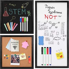 Dry Erase Whiteboard, Cork Bulletin Board, Chalkboard with Natural Wood Black Frame, 3 Pieces, 12" x 12" and 24" x 12", Combination Board 3 in 1 Free Style Mounted…