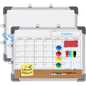 Dry Erase Calendar for Wall, Magnetic Whiteboard Cork Board Combination,16"x13" Magnetic Dry Erase Board,Monthly Double-Sided White Board Dry Erase for Office,Kitchen,School,Home