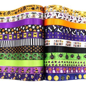 Halloween Ribbon, 44 Yards 5/8" Halloween Satin Ribbons Pumpkin Lantern Ghost Spider Printed Gift Wrapping Ribbon Hair Bow Wreath Making for Halloween DIY Craft Party Decoration
