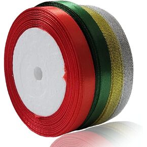 Christmas Ribbon 4 Rolls 100 Yards, 1 Inch Gold Silver Glitter Sparkly Ribbon for Christmas Trees Ornaments, Red Dark Green Satin Ribbon for Gift Wrapping, Wreath Bows Making, Gift Tags, DIY Crafts