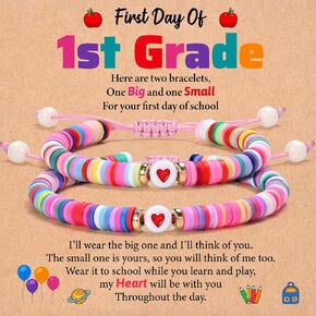 Lifecapido First Day of School Bracelet, First Day of School Gift for Kindergarten Preschool First Second Grade, Colorful Matching Heart Adjustable Bracelets for Mom and Daughter, Back to School Gifts