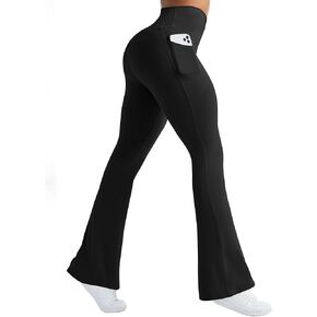 Womens Flare Yoga Pants with Pockets Crossover Flared Leggings Bootcut Bell Bottom No Front Seam