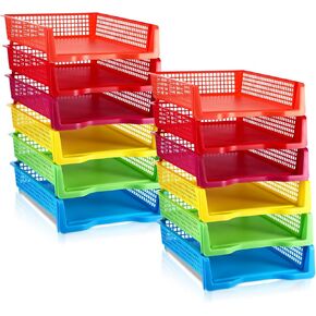 Geetery Stackable Paper Bins Plastic Letter Organizer Tray Document Paper Tray Bright Colors Classroom Storage Desktop Portrait File Holder for Teacher Office Home, Assorted Colors (12 Pieces)