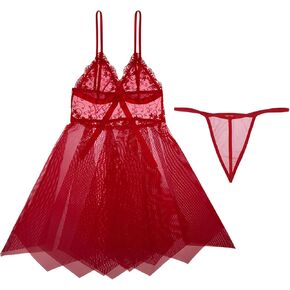 Womens Lace Lingerie Sheer See Through Babydoll Strap V Neck Nightwear Sexy Chemise Teddy Nightie Nightgowns for Women Sexy Red