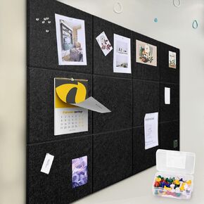 Felt Wall Tiles Bulletin Board with Removable Adhesive, 47"x35" Grey Cork Board Alternative with 40 Push Pins, 12 Pack Large Office Cork Tile Felt Pin Board Felt Squares for Walls