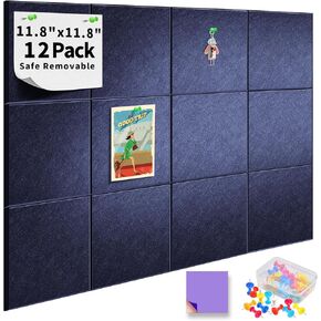 Large Cork Board Alternative - 12 Pack Felt Wall Tiles, Safely Removable & Wall-Protective, 48" x 36" Felt Bulletin Board for Office Home School - Dark Blue