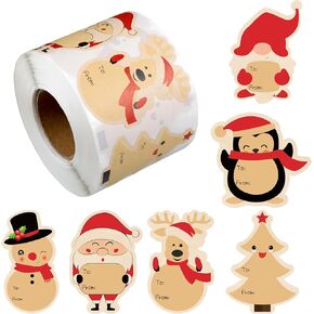 600 Pcs Kraft Christmas Gift Labels Sticker, 6 Designs Self Adhesive to and from Gift Labels Tag Stickers Holiday Present Labels for Xmas Envelopes Bags Boxes Wrapping