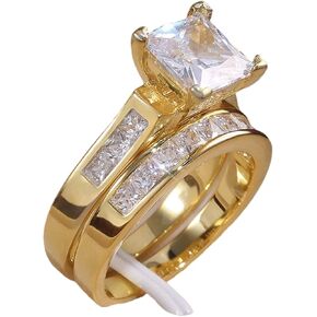 Vsoruln Couple Ring 2PCS 925 Sterling Silver Bridal Suit Gold Square Ring Round Cut Cubic Zirconia Promise Rings CZ Classical Eternity Engagement Wedding Band Ring Set for Women (9)
