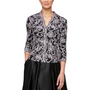 Alex Evenings Women's Stretch Embroidered Formal Event Blouse with Center Front Scallop Detail and Illusion Sleeves in Kuwait