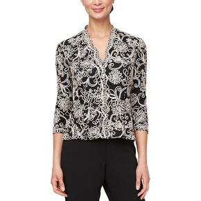 Alex Evenings Women's Stretch Embroidered Formal Event Blouse with Center Front Scallop Detail and Illusion Sleeves