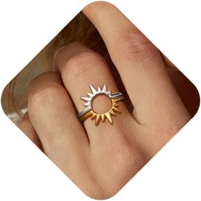 Gold and Silver Rings for Women, 14K Gold Plated Ring That Don't Tarnish, Dainty Stackable Rings Non Tarnish Vintage Sun Ring Set Stack Sunburst Rings Jewelry for Women Size 6-10