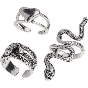 Jean Beau Punk Snake Heart Statement Rings Set for Women Cocktail Fashion Vintage Wrap Finger Ring Costume Jewelry Gift