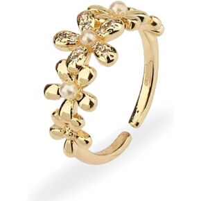 14K Gold Plated Flower Pareal Diamond Eternity Open Adjustable Ring | Stackable Daisy Floral Statement Rings for Women