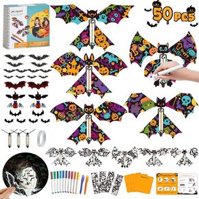 50PCS Kids Arts and Crafts Kit, DIY Painting Wind Up Bats Toy, Make Your Own Magic Flying Bats, 3D Bats Wall Decorations Scary Sticker, Surprise Prank Joke Rubber Band Toy, Home Window Door Deco