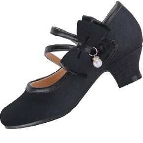 EIGHT KM Girls High Heel Dress Shoes Mary Jane Princess Wedding Party Pump Shoes EKM7035 Sparkle Glittery Minerva Pearl Bow Black US Toddler Size 9