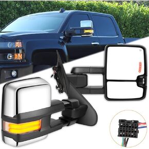 Towing Mirrors Fit for 2014-2018 For Chevy For GMC 1500 2015-2019 For Chevy For GMC 2500 3500HD Tow Mirrors Power Heated LED Turn Signal Running Back Up Light Chrome 1 Pair Left and Right Side