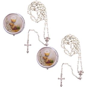 Wowser First Communion Rosary for Girls in Round Case, Set of 2, Religious Gift, Silver Toned, 2 Inches