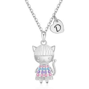 3D Cartoon Cat Girl Necklace for Girls, Kitty Girl Pendant Initial Necklaces for Kids, 14K Gold-Plan Gift for Birthday Party