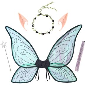 PESAAT Fairy Wings for Adult Sparkling Sheer Girls Butterfly Wings with Fairy Hair Tinsel,Elf Ears,Flower Garland,Wand